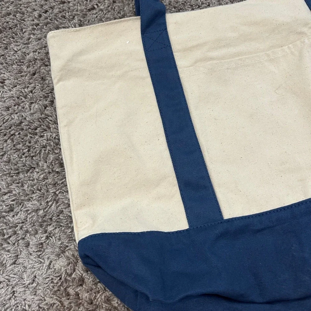 TOPDesign Large Canvas Tote Bag Navy Blue Bottom Beige Shopping Zipper Pocket - Picture 2 of 9